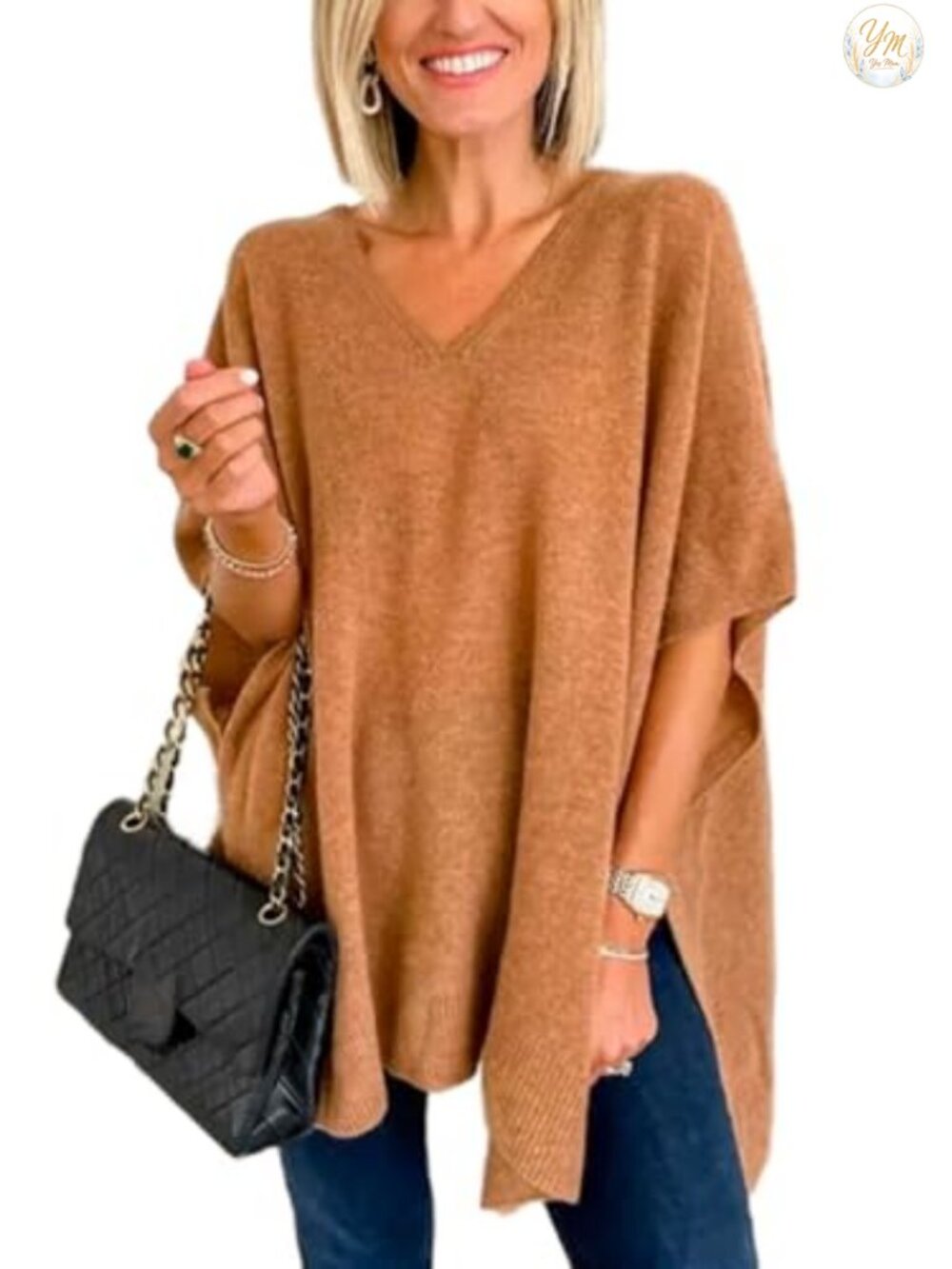 Women's V-Neck Knit Poncho Sweater Batwing Sleeve Loose Fit Pullover